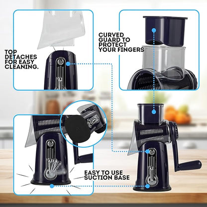 5-in-1 Rotary Cheese Grater with Handle – Stainless Steel Blades, Vegetable Slicer & Shredder, Nut Grinder, Carrot & Cabbage Grater, Easy-to-Clean Kitchen Tool (Purple)