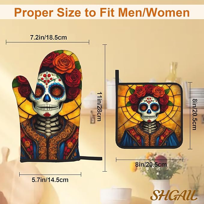 Flower Skull Oven Mitts with Matching Potholders - Heat Resistant Kitchen Accessories for Baking, Grilling, Cooking, Gifts for Women