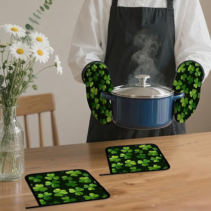 Lucky Clover Oven Mitts and Pot Holders,Patrick's Day Heat Resistant Oven Mitts Gloves and Pot Holder for Home Kitchen Decorations Cooking Baking BBQ Gifts,Set of 4