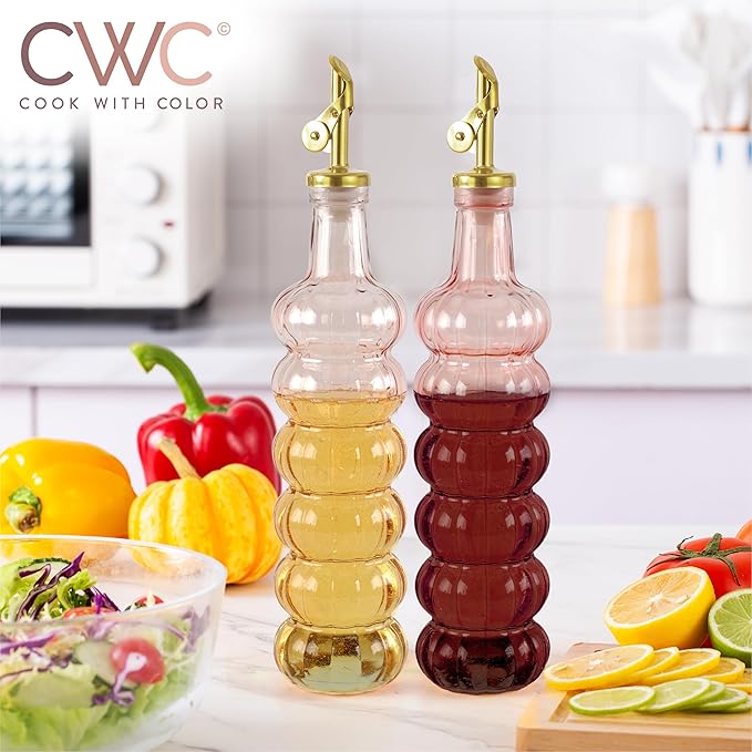 COOK WITH COLOR Glass Olive Oil Bottle Dispenser - 2 Pack- 17oz Oil and Vinegar Cruet - Olive Oil Carafe Decanter for Kitchen, Elegant Waves, Pink - Image 4