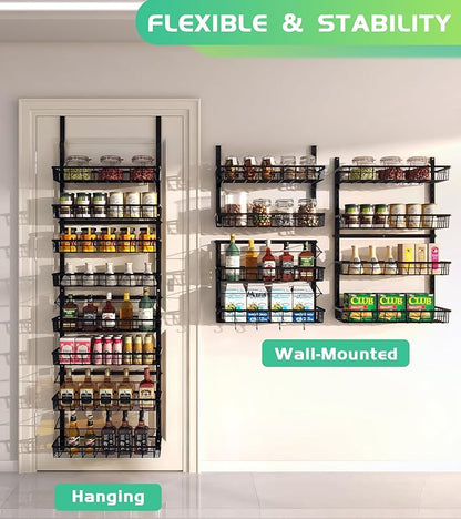 Mefirt Over The Door Pantry Organizer, Wall Mount Spice Rack, Pantry Hanging Storage and Organization, 8 Adjustable Baskets Heavy-Duty Metal for Home & Kitchen, Back of Door Seasoning Rack - Black - Image 4