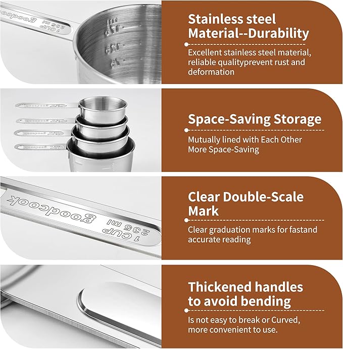 Measuring Cups and Spoons Set (8 Piece), Stainless Steel Measuring，4 Spoons, 4 Cups, Metal Measuring Cups for Cooking & Baking - Image 3