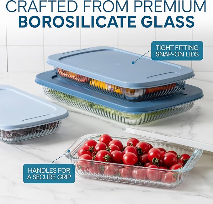 COOK WITH COLOR 8-Piece Deep Glass Baking Dish Set with Plastic Lids – Casserole and Food Storage Containers for Lasagna, Leftovers – Freezer-to-Oven, Microwave & Dishwasher Safe, Fluted Blue - Image 5