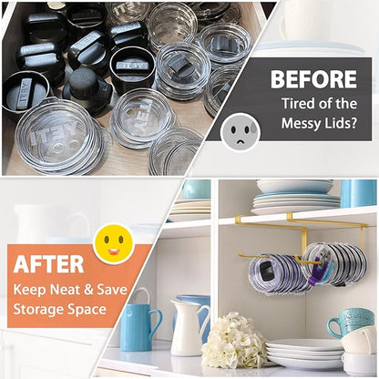 2 Pack Tumbler Lid Organizer, Horizontal Tumbler Lid Storage Hook Up to 20 Lids, Space Saving Cup Lid Holder Under Cabinet Tumbler Lid Hook for Kitchen Organizer, Paper Towel Hanger(Round&Flat, Gold) - Image 6