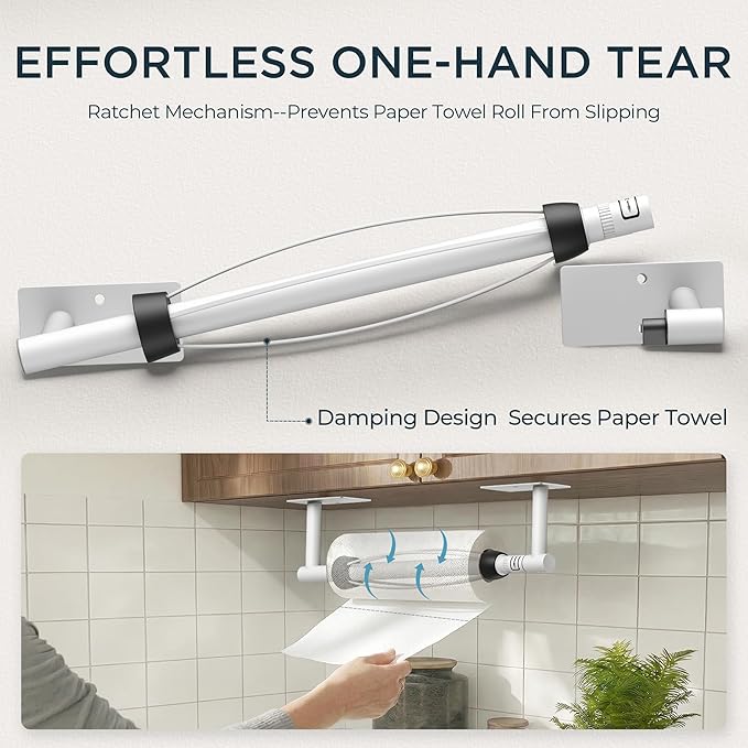 FORIOUS Paper Towel Holder Under Cabinet, Single Hand Operable with Adjustable Damping for Easy Tear, Adhesive or Drill Wall Mount, 304 Commercial Paper Towel Holder for Kitchen Bathroom, White - Image 3