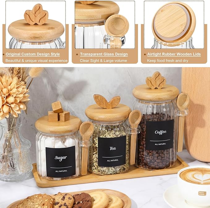 Suclain 3 Pcs Glass Coffee Container with Bamboo Color Lid & Spoon, 25, 20.3, 15 oz Airtight Glass Jar with Wooden Shelf, Food Storage Containers Coffee Jar Tea Container(Bamboo Color) - Image 3