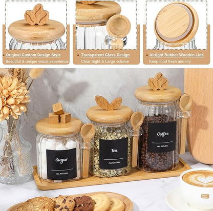Suclain 3 Pcs Glass Coffee Container with Bamboo Color Lid & Spoon, 25, 20.3, 15 oz Airtight Glass Jar with Wooden Shelf, Food Storage Containers Coffee Jar Tea Container(Bamboo Color) - Image 3