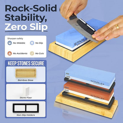 Premium Knife Sharpening Stone Set – Dual Grit Whetstones (400/1000 & 3000/8000), Leather Strop, Flattening Stone, Bamboo Base, Non-Slip Bases & Angle Guide for Kitchen, Chef & Hunting Knives
