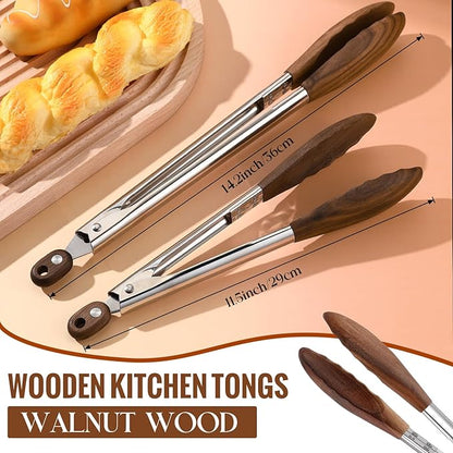 Baderke 2 Pcs Kitchen Tongs for Cooking Wooden Utensil Set Salad Tongs with Wood Tips for Serving Salad Flipping Burgers Grilling and Much More (11.4 Inch and 14.6 Inch,Walnut Wooden)