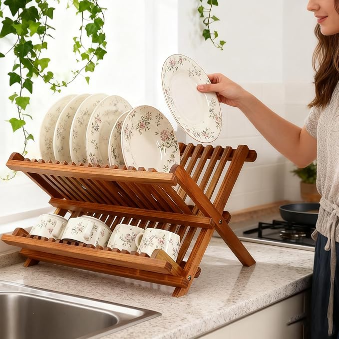 Utoplike Teak Dish Drainer Rack Collapsible 2 Tier Dish Rack Dish Drying Rack Foldable Plate Organizer Holder for Kitchen Compact Countertop - Image 2