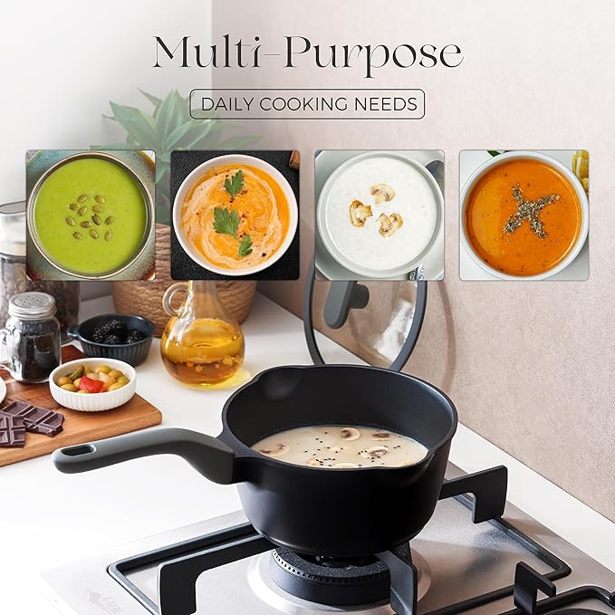 PRICUSIS Ceramic Nonstick Saucepan with Lid, 1.3 Quart Non Toxic Pot with Pour Spouts, Full Coated, 100% Dishwasher Safe, Induction Compatible & Oven Safe, PFOS & PFOA Free, Black Sesame - Image 7