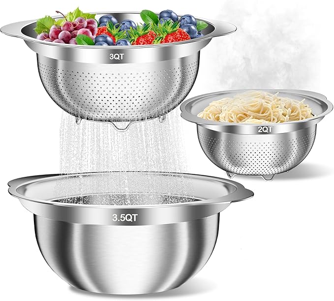 Stainless Steel Colanders with Mixing Bowl - 3.0QT & 2.0QT Strainer and Colander with Handle, 3.5QT Nesting Kitchen Bowl with Colander For Pasta, Vegetables, Fruit, Rice, 3PCS - Image 8