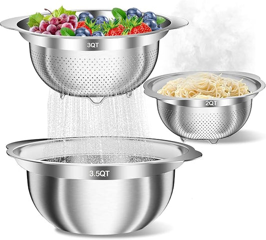 Stainless Steel Colanders with Mixing Bowl - 3.0QT & 2.0QT Strainer and Colander with Handle, 3.5QT Nesting Kitchen Bowl with Colander For Pasta, Vegetables, Fruit, Rice, 3PCS by UTTKOJ