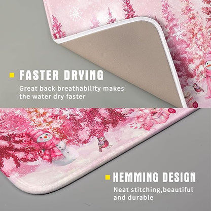 Pink Winter Dish Drying Mat Forest Washable Drying Matt Kitchen Counter Absorbent Coffee Mat for Women - Image 3