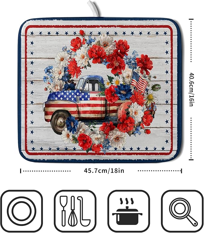 American Flag Dish Drainer Mat Flowers Absorbent Dish Rack Pad for Kitchen Coffee Bar Sinks - Image 2