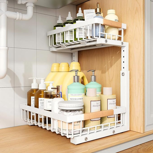 PXRACK Under Sink Organizer, Adjustable Height, 2 Tier Pull Out Under Cabinet Organizer, Slide Out Thickened Metal Under Sink Storage for Kitchen Bathroom Laundry Pantry Cabinet, White, Small-1-Pack by PXRACK