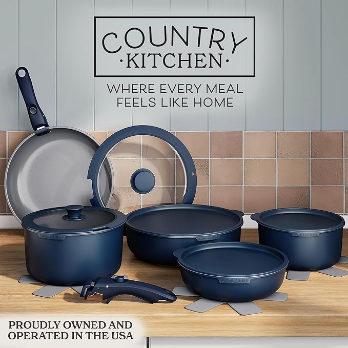 Country Kitchen Cookware Set with Removable Handle, Oven & RV Safe Pots and Pans Set, Denim, Original - Image 2