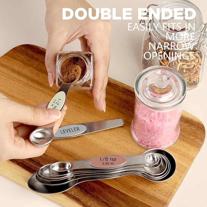 ChefAide Pack of 8 Stainless Steel Magnetic Measuring Spoons Set, Dual Sided, Stackable, Adjustable Teaspoon and Tablespoon Measure Spoon with Leveler, Kitchen Gadgets - Image 4