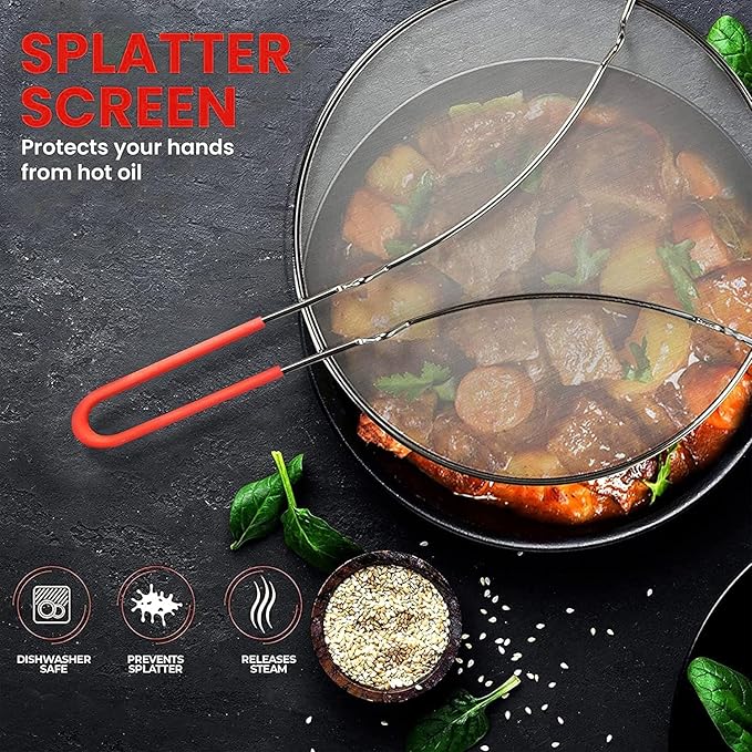 13" Grease Splatter Screen for Cooking | Stainless Steel Oil Splatter Guard and Ultra-Fine Mesh Protects Skin from Burns | Silicone Red Handle - Image 2