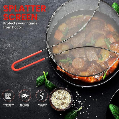 13" Grease Splatter Screen for Cooking | Stainless Steel Oil Splatter Guard and Ultra-Fine Mesh Protects Skin from Burns | Silicone Red Handle - Image 2