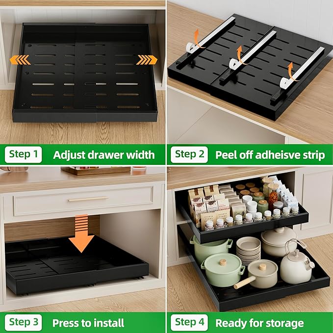 PAKETA 2 Pack Expandable Pull Out Cabinet Organizer, 21'' Deep Pull Out Drawers for Cabinet, Upgrade 3 Slide Rails Sliding Drawer for Cabinets with Adhesive Nano Film (Black, 21"D X 12-20"W) - Image 6