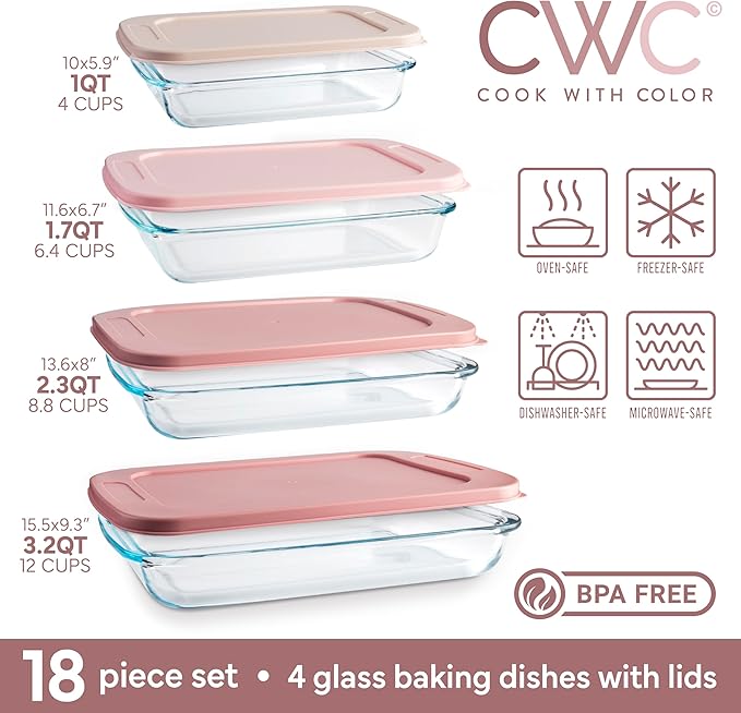 COOK WITH COLOR 8 PC. Glass Baking Dish Set with Lids - Deep Casserole Dish, Glass Food Container, Oven, Freezer and Microwave Safe, Clear Container, Pink - Image 3