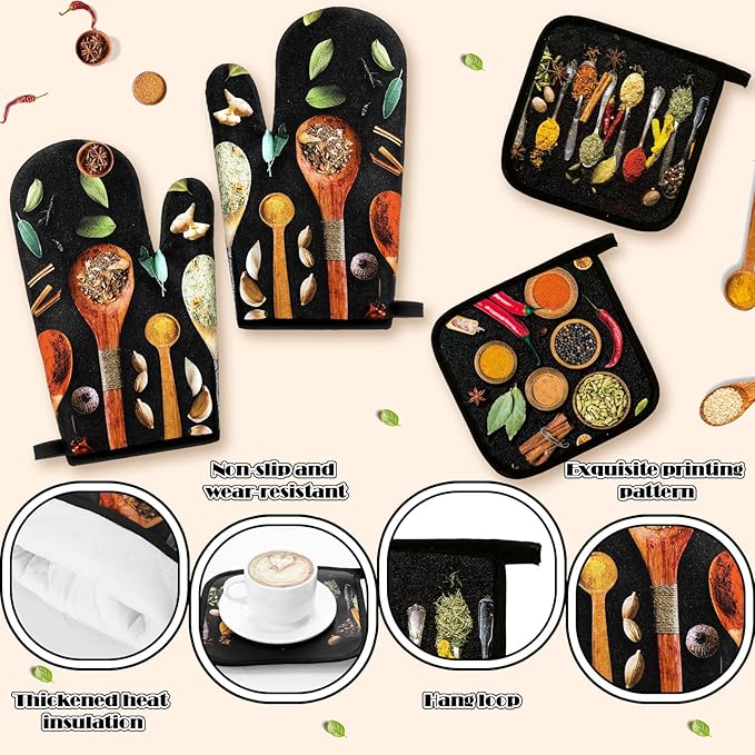 Fourluoo 10 Pcs Farmhouse Kitchen Decor and Accessories Set 4 Kitchen Towels 2 Pot Holders 2 Oven Mitts 2 Rugs for Cooking Baking Mom Housewarming Gifts(Vivid Color,Colorful Spices) - Image 5