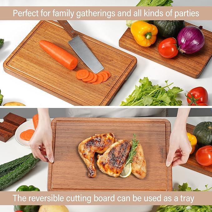 Solid Teak Wood Cutting Board Set One Piece Non Glued Large Thick Crack Resistant Wooden Chopping Board with DeepJuice Grooves Built in Handles for Kitchen Meat Bread 15x10.2IN &11.8 * 7.9IN