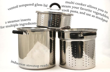 ExcelSteel 12 Qt Multifunction Stainless Steel Pasta Cooker with Encapsulated Base, Vented Glass Lid, and Riveted Silicone Covered Handles