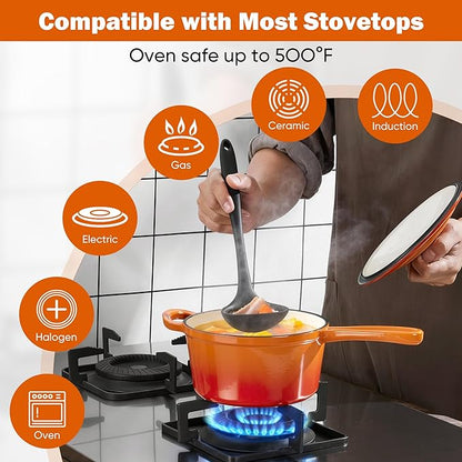 Homikit 1 QT & 2 QT Saucepan Set, Enameled Cast Iron Saucepan with Lid for All Cooktops, Small Pot Mini Dutch Oven for Kitchen Cooking, Boiling, Nonstick & Heavy Duty, Flame Orange