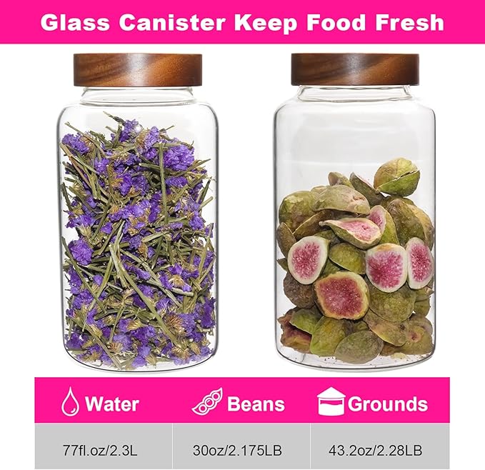 Glass Coffee Jars Spice Jar Round Storage Canister with Wooden Lid Clear Glass Food Jar for Pantry Sugar Tea Coffee Bean Spice Nuts Cookies Bath Salts (2300ml/77oz-2PACK(with spoon) - Image 4