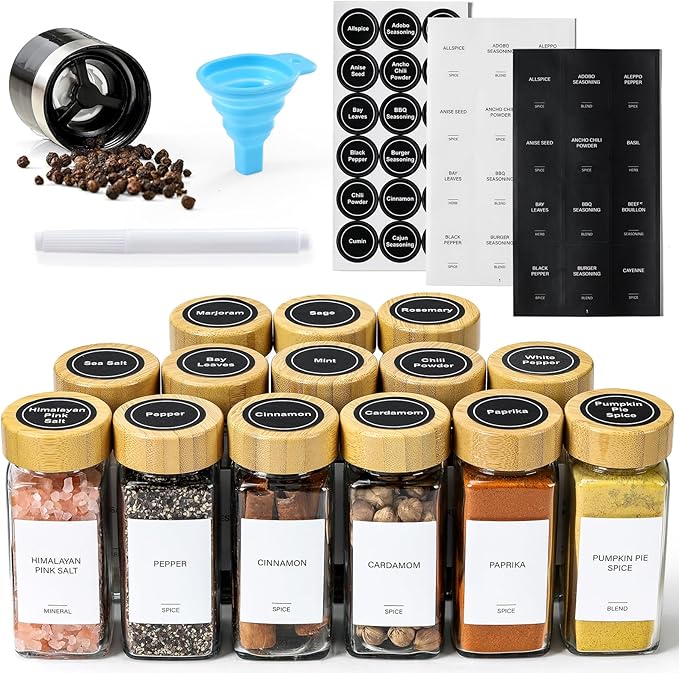 AOZITA 14 Pcs Spice Jars with Bamboo Lids - 4oz Square Spice Bottles with Spice Labels, Shaker Lids, Funnel by AOZITA