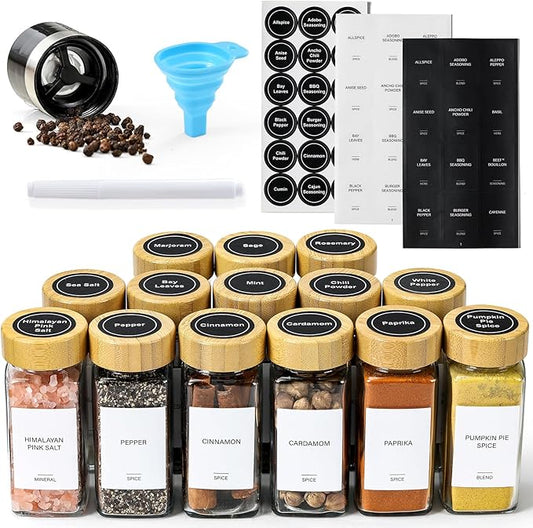 AOZITA 14 Pcs Spice Jars with Bamboo Lids - 4oz Square Spice Bottles with Spice Labels, Shaker Lids, Funnel by AOZITA