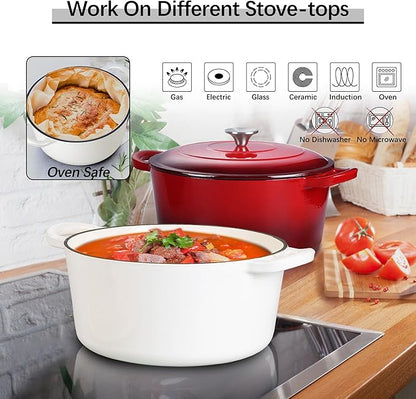 E-far 7QT Enameled Dutch Oven, Cast Iron Dutch Oven Pot with Lid for Cooking/Bread Baking/Braising/Roasting/Stewing, Heavy Duty Round Nonstick Cookware Safe for Induction & Oven - White