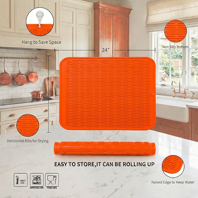 MicoYang Silicone Dish Drying Mat for Multiple Usage,Easy clean,Eco-friendly,Heat-resistant Silicone Mat for Kitchen Counter or Sink,Refrigerator or Drawer Liner Orange 2XL 24 inches x 18 inches - Image 2