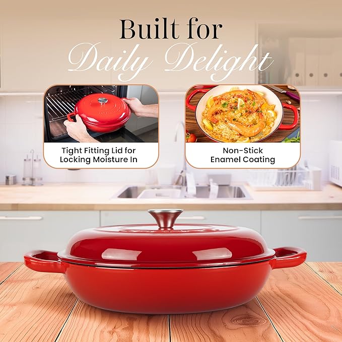 Shallow Cast Iron Casserole with Lid – Non Stick Dutch Oven Pot, Oven Safe up to 500° F – Sturdy Ovenproof Stockpot Cookware – Enamelled Cooking Pot – Red, 3.7-Quart, 30cm – by Nuovva