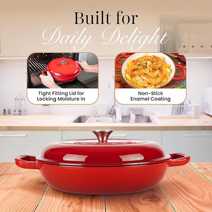 Shallow Cast Iron Casserole with Lid – Non Stick Dutch Oven Pot, Oven Safe up to 500° F – Sturdy Ovenproof Stockpot Cookware – Enamelled Cooking Pot – Red, 3.7-Quart, 30cm – by Nuovva