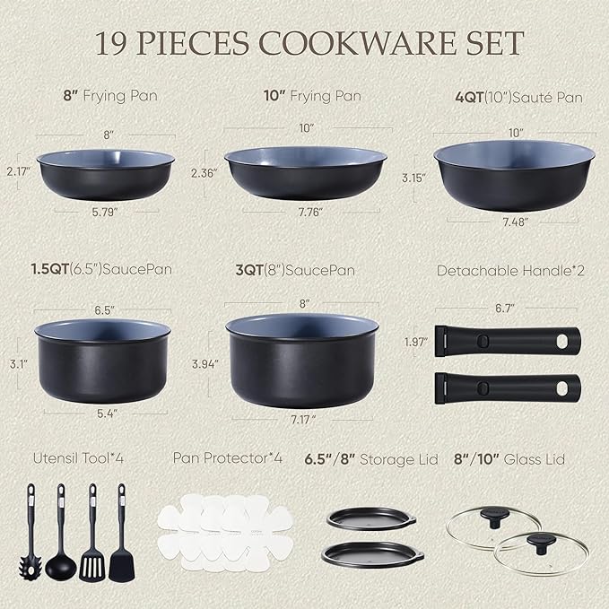 CAROTE 19PCS Ceramic Cookware Sets, Black and Gray, Pots and Pans Set Non Stick Non Toxic, Induction Cookware, Kitchen Cookware Sets, Pots Set for Healthy Cooking - Image 2