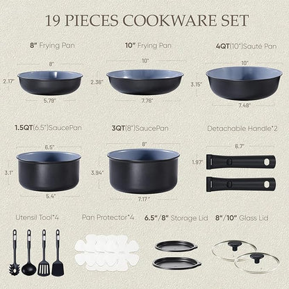 CAROTE 19PCS Ceramic Cookware Sets, Black and Gray, Pots and Pans Set Non Stick Non Toxic, Induction Cookware, Kitchen Cookware Sets, Pots Set for Healthy Cooking - Image 2