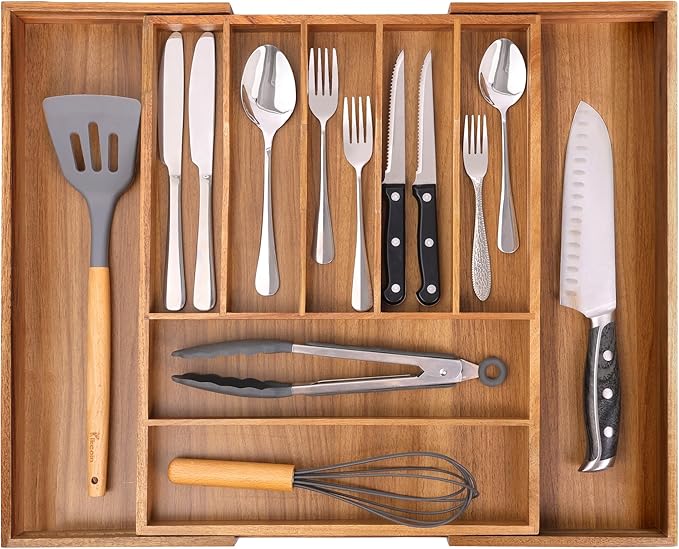 Bellsal Large Premium Acacia Wood Silverware Organizer - Expandable Utensil Drawer Organizer - 17"x19.6" Utensil Holder and Cutlery Tray with Grooved for Kitchen Flatware Utensils(7-9 Slot, Acacia) - Image 8