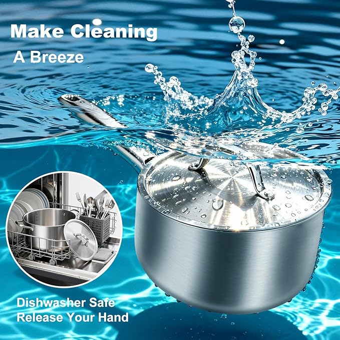 2 QT Saucepan with Lid,3-Ply Stainless Steel Saucepan,Professional Grade Cookware,Induction Compatible