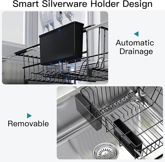 Dish Drying Rack Over the Sink In Stainless Steel Black Expandable Drainer for Small Kitchen, Counter Space Saving Compact Inside Sink Plate Dryer, Adjustable Hanging Metal Wire Strainer Drain Holder - Image 9