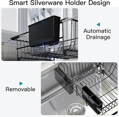 Dish Drying Rack Over the Sink In Stainless Steel Black Expandable Drainer for Small Kitchen, Counter Space Saving Compact Inside Sink Plate Dryer, Adjustable Hanging Metal Wire Strainer Drain Holder - Image 9