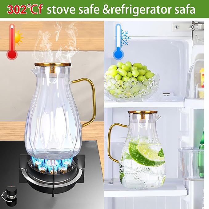 68 oz Glass Pitcher with Lid Water Pitcher with Handle and Spout Heat Resistant Water Carafes Jug Cold Brew Iced Tea Sun Tea Jar Bedside Drink Dispenser Milk(clear) - Image 6