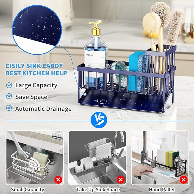 Cisily Navy Blue Sink Caddy Organzier with High Brush Holder, Sponge Holder for Sink, 304 Rustproof Stainless, Kitchen Countertop Soap Dispenser Organizer, Gray Blue Kitchen Decor and Accessories - Image 3