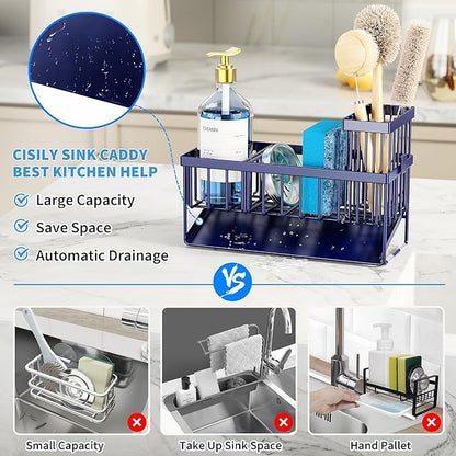Cisily Navy Blue Sink Caddy Organzier with High Brush Holder, Sponge Holder for Sink, 304 Rustproof Stainless, Kitchen Countertop Soap Dispenser Organizer, Gray Blue Kitchen Decor and Accessories - Image 3