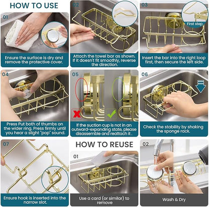 TAILI Sponge Holder with Strong Suction Cup, 4-in-1 Rustproof Sink Organizer - Sink Caddy Holds Sponges, Brushes, Stoppers & Scrapers -Gold - Image 8
