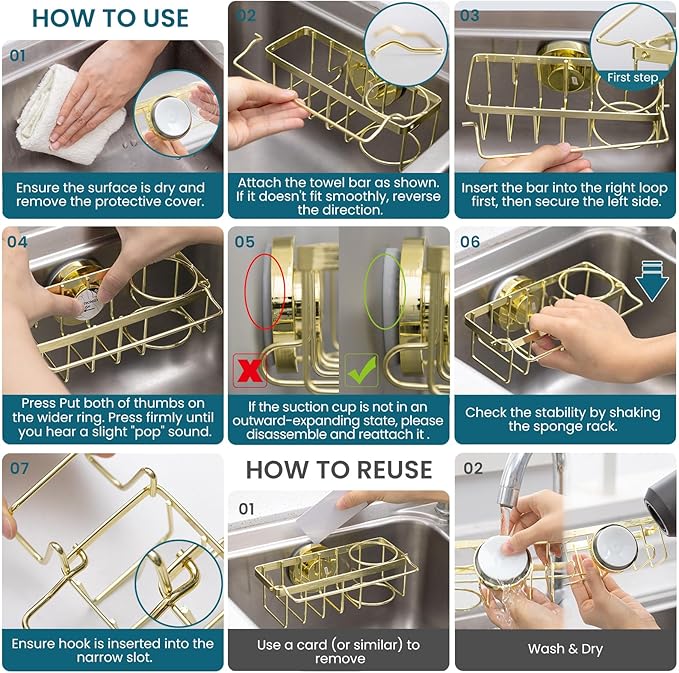 TAILI 4-in-1 Sink Caddy with Strong Suction Cup, Sponge Holder for Kitchen Sink Organizer, Removable, Rustproof, Stainless Steel Holder for Sponge, Brush, Scrubber, Scraper - Gold - Image 8