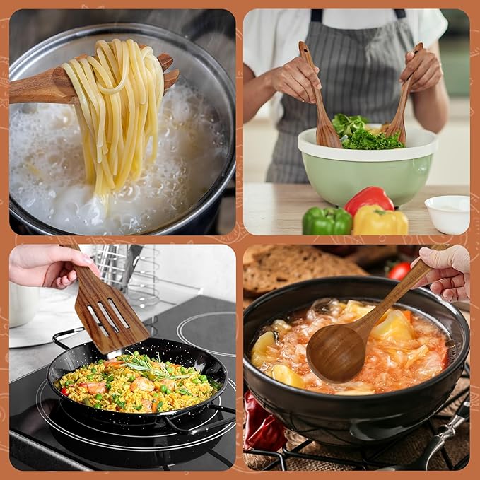 comfoyar Teak Wooden Spoons for Cooking, 9 Pieces Kitchen Cooking Utenails Set with Holder and Ladle, Heat Resistant Kitchen Cookware for Nonstick Pan - Image 7
