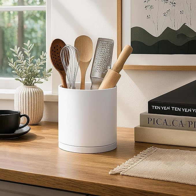 D'vine Dev 360° Rotating Utensil Holder Set – 7.2"+5" Kitchen Utensil Crocks for Countertop, Modern Cooking Tool Organizers for Kitchen Storage +Décor, White, Set of 2, 72-Z-A-1 - Image 2